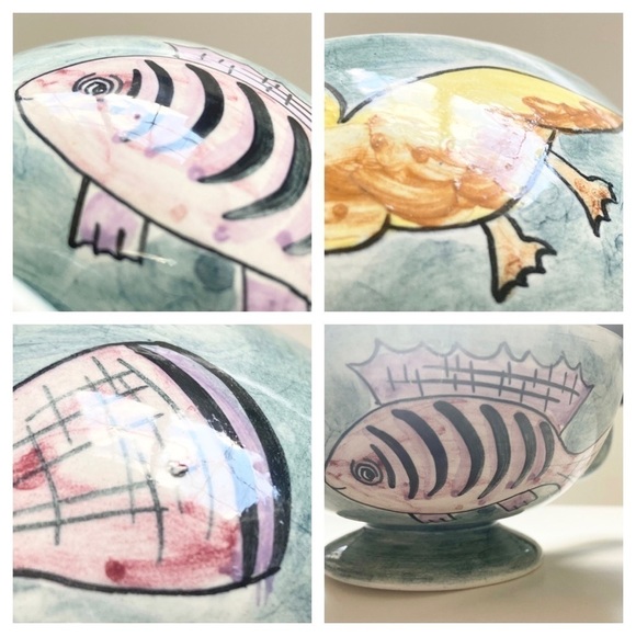 Artisan Ceramic Bowl Whimsical Fish Bird Lilly Pad Sea Ocean Decorative Art - Picture 8 of 11
